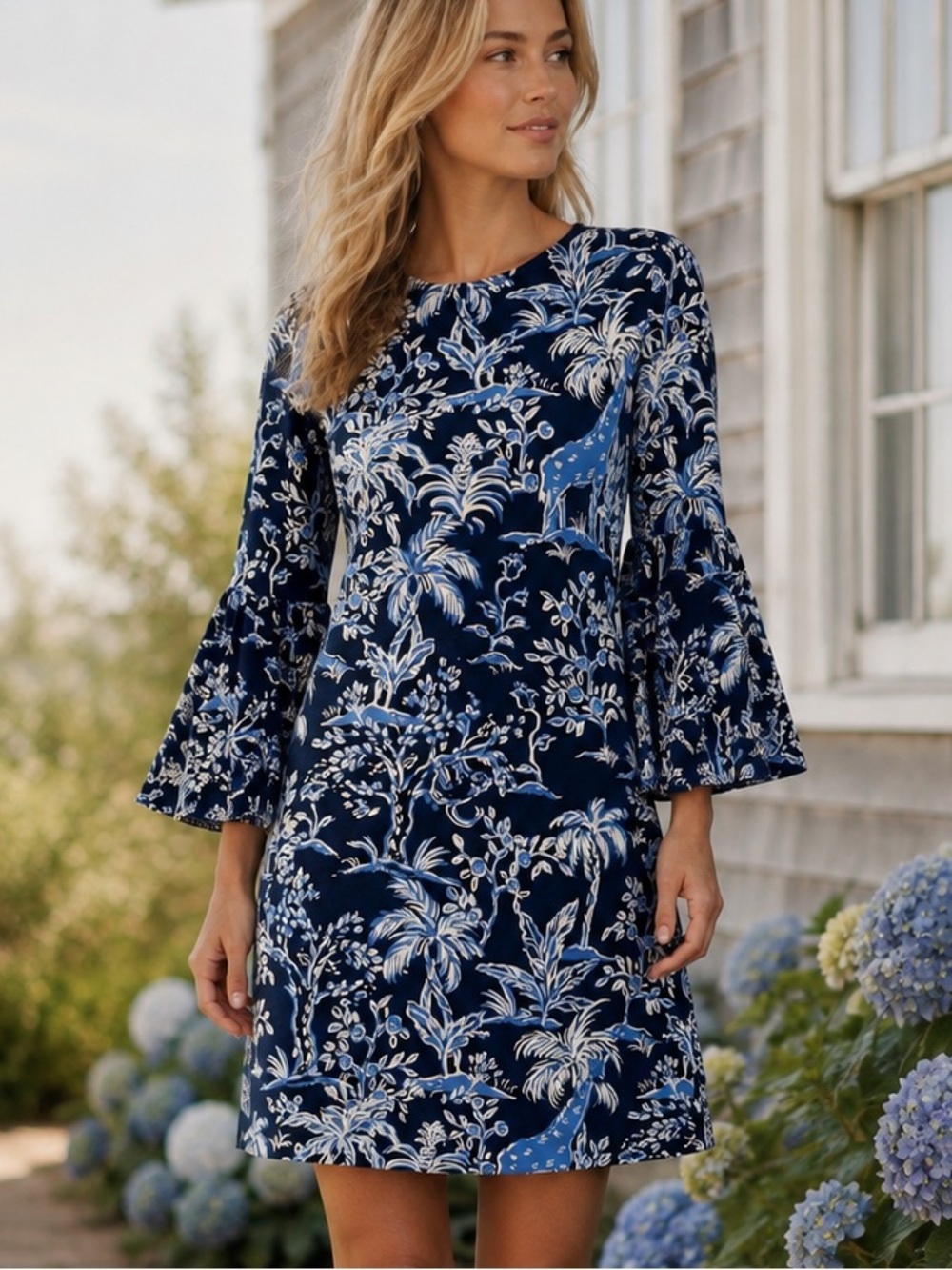 Lilly Pulitzer XXS Navy Safari Toile Bell Sleeve Shift Dress 100% Cotton